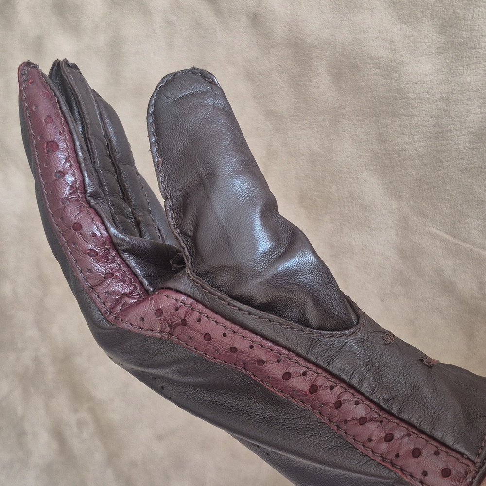 HUGO BOSS Brown Leather Mens Gloves L Perforated Stripe Wool Knit Lining